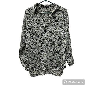 Zara Cheetah Animal Print Silky Long Sleeve V-Neck Blouse Womens XS